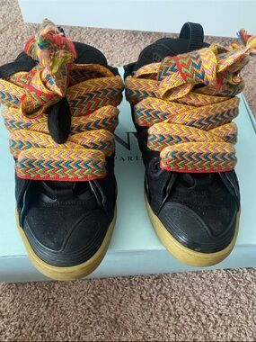 Lanvin Black High-Top Sneakers with Multicolor Chevron Laces